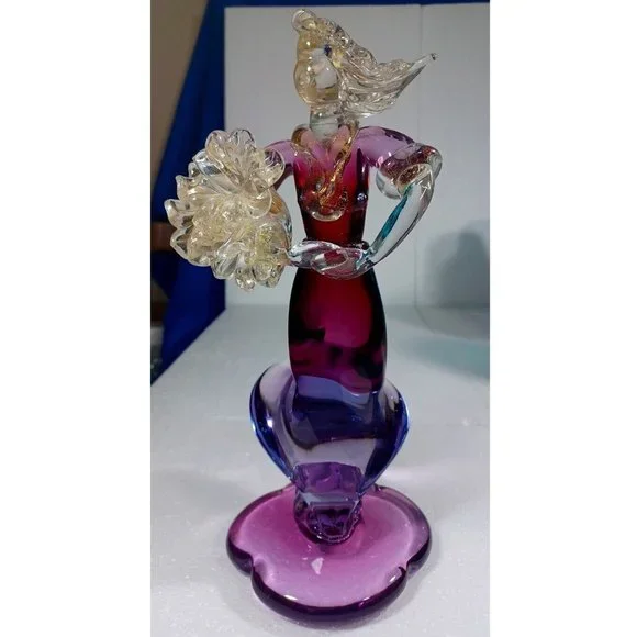 Vintage XL Murano Glass Woman Flower Bouquet Figurine Green Purple Pink 24k Gold - Picture 13 of 14